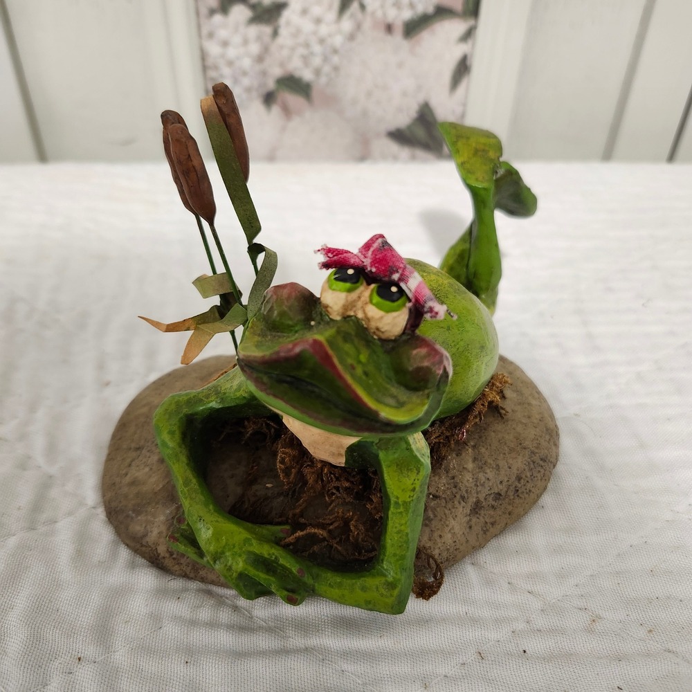The Redneck Frog Figurine Lounging on Rock with Cattails and Plaid Hat 7815000
